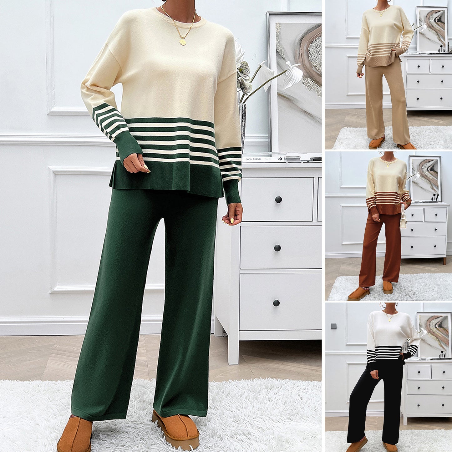 Contrast Color Straight-leg Trousers Sweater Suit