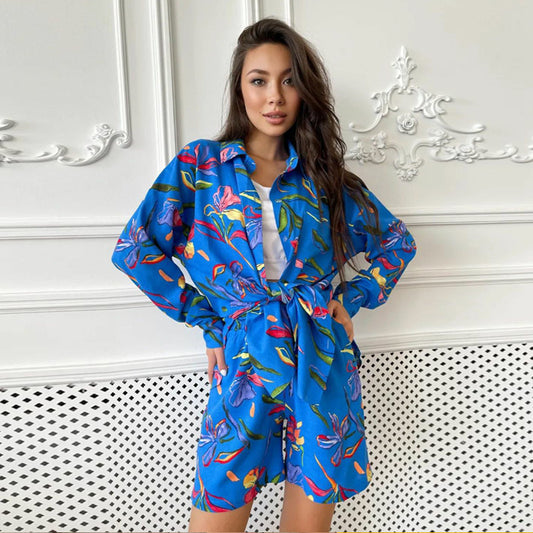 European And American Suit Women's Printed Long-sleeved Shirt Shorts Ladies