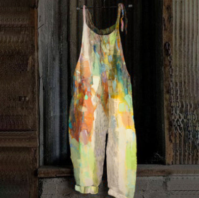 Women's Printed Street Hipster Fashion Multi-color Cotton And Linen Suspender Jumpsuit