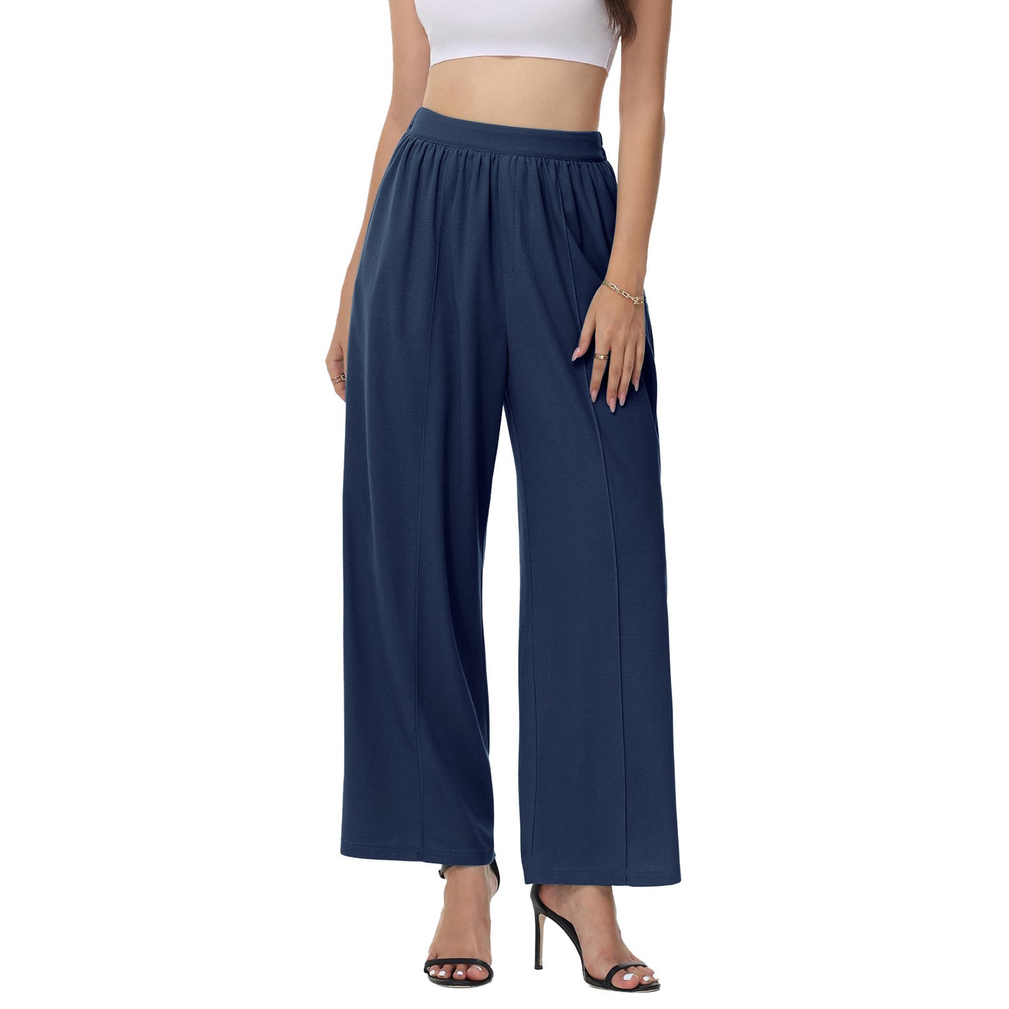 Women's Wide Leg Pants Waffle Knitted High Waist