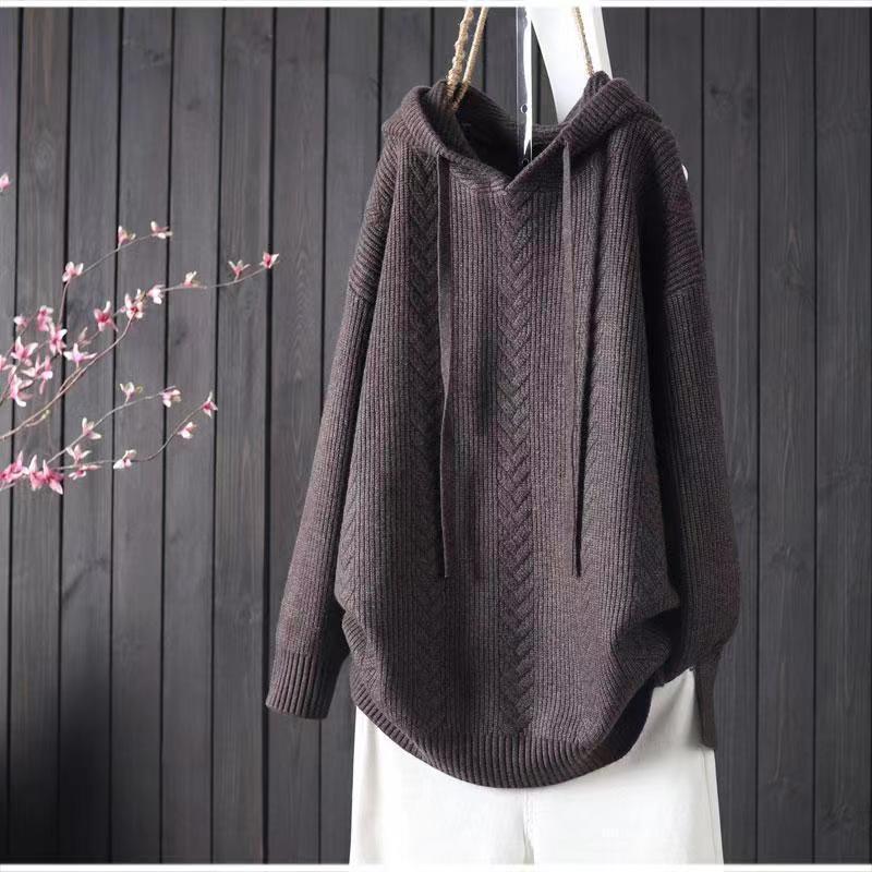 Solid Color Hooded Lacing Mid-length Knitwear Sweater