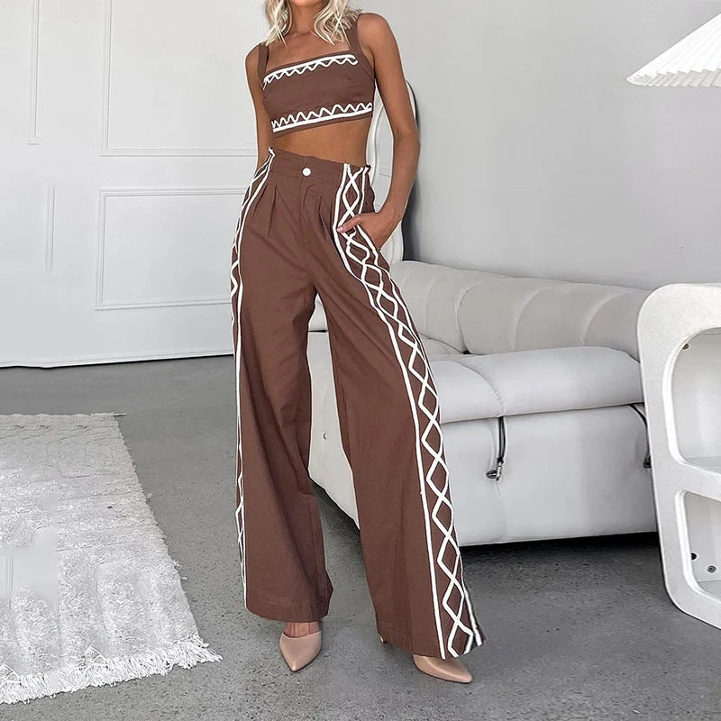 Women's Sexy Crop-top Spaghetti-strap Trousers Two-piece Suit