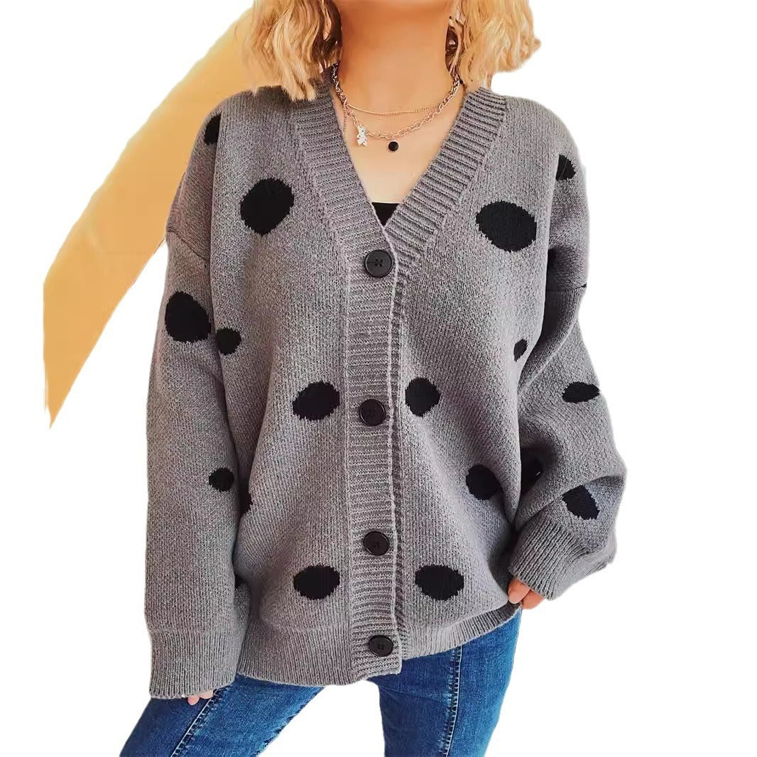 Big Dot Jacquard Knitted Cardigan V-neck Coat Women