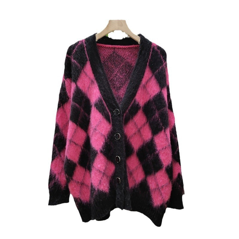 Plaid Knitted Cardigan Coat For Women