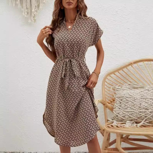 Fashion Printed Waist Control Sleeve V-neck Slim Dress