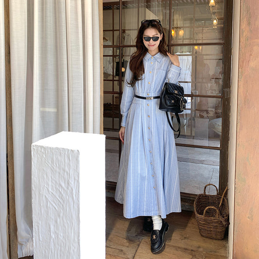 Fashionable Lace Blue Elegant Plaid Long-sleeved Shirt Dress