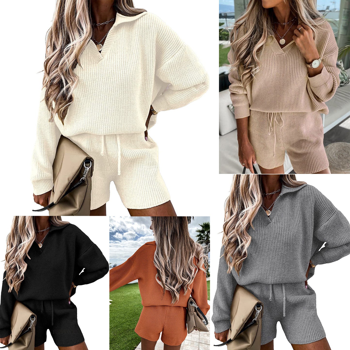 V-neck Long Sleeve Top Drawstring Wide Leg Shorts Casual Two-piece Sweater