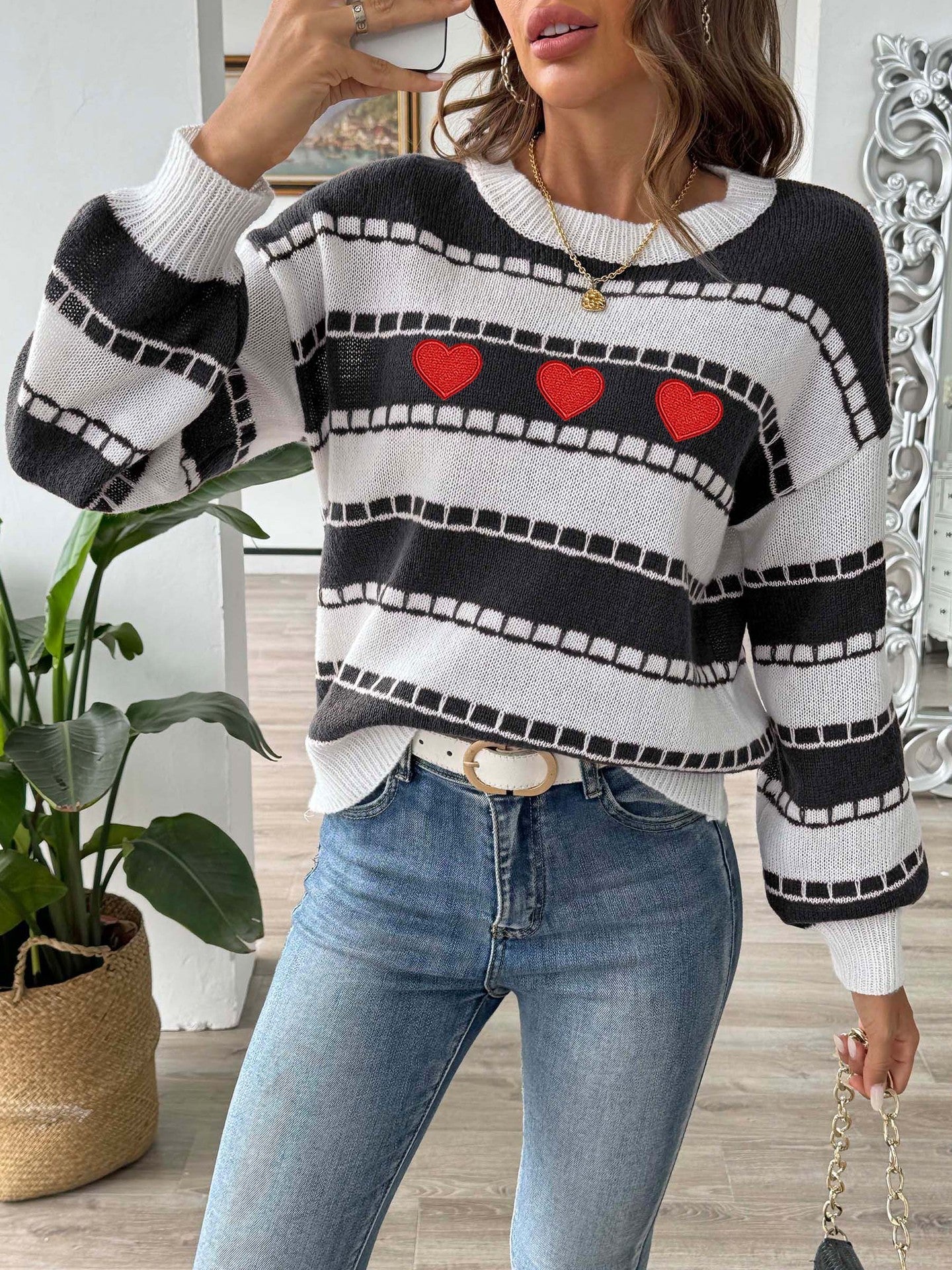 Women's Sweater Bottoming Shirt Color Contrast Patchwork Stripes