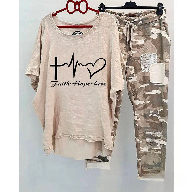 Casual Suit Women's Cotton And Linen Heat Transfer Patch Top Camouflage Printing Sweatpants