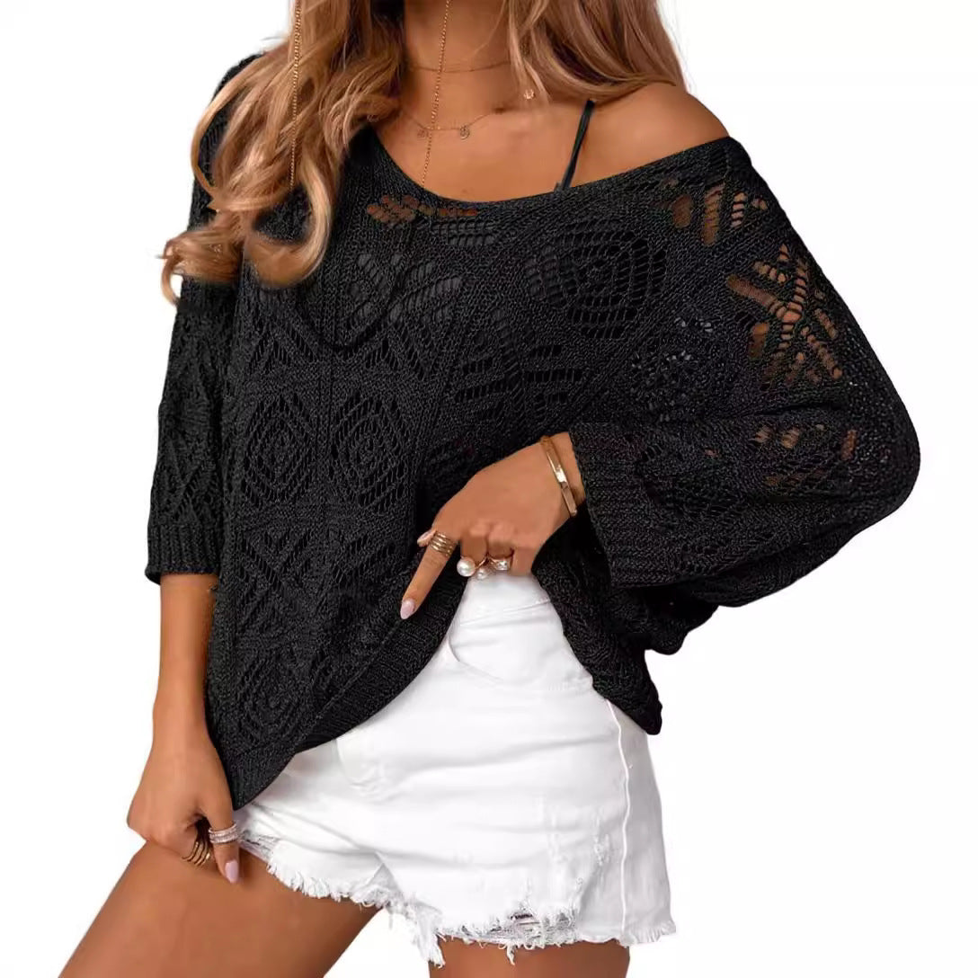 European And American Spring And Summer Crochet Hollow-out Three-quarter Sleeve Pullover Sweater Off-the-shoulder T-shirt