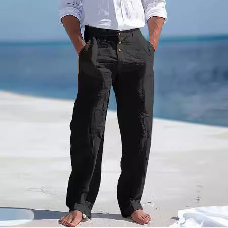 Front Pocket Straight Pure Color Comfort Breathable Men's Linen Pants Trousers