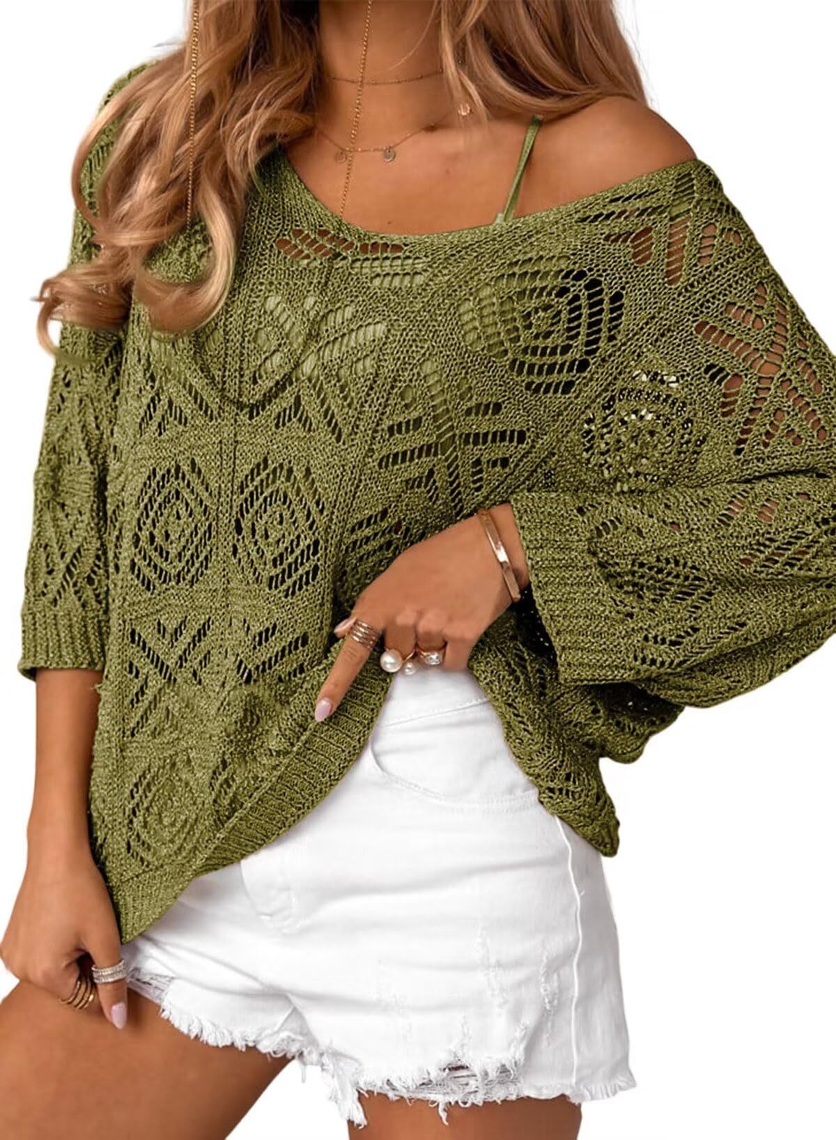 European And American Spring And Summer Crochet Hollow-out Three-quarter Sleeve Pullover Sweater Off-the-shoulder T-shirt