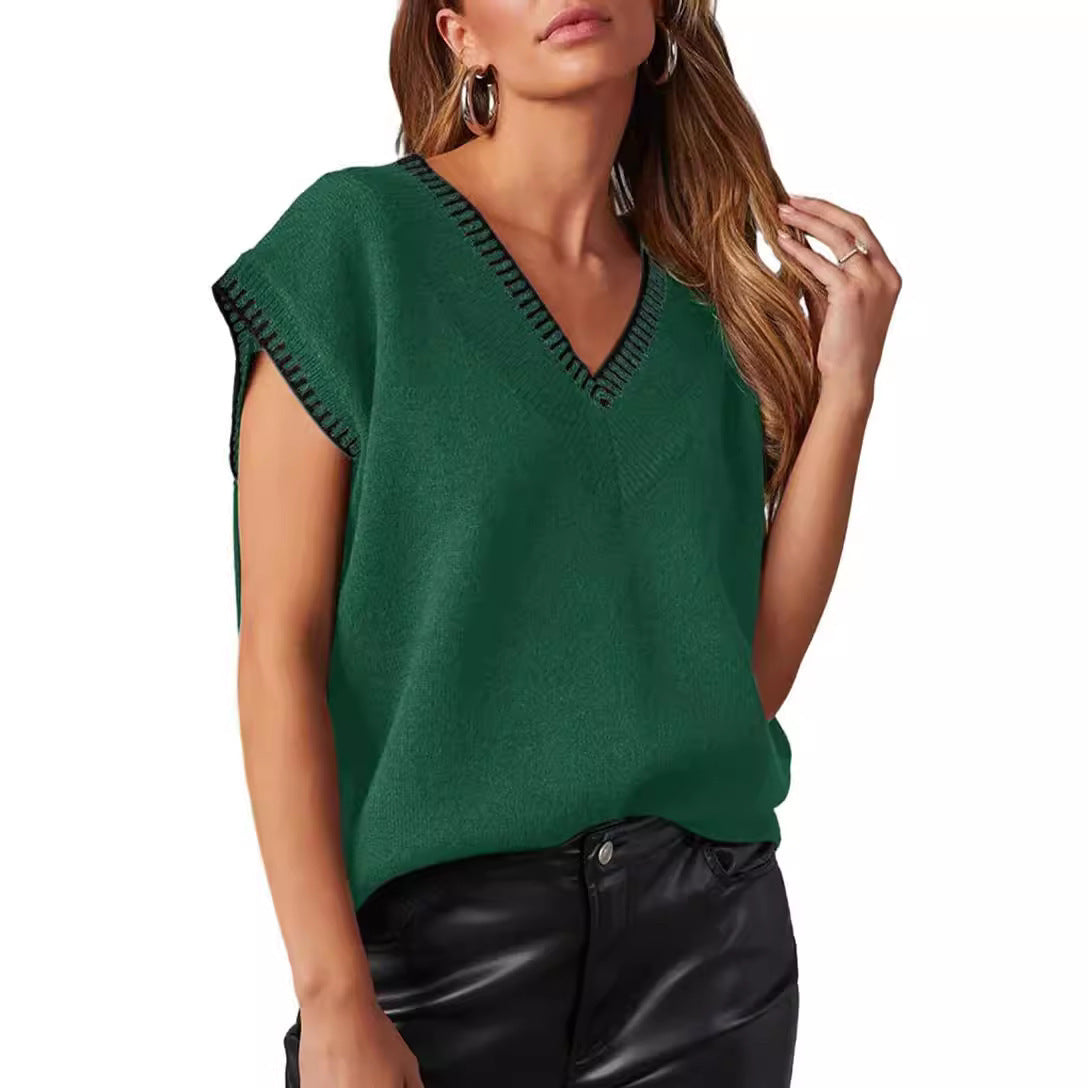V-neck Sleeveless Sweater Vest Solid Cap Sleeve Knitted Pullover Short Sleeve