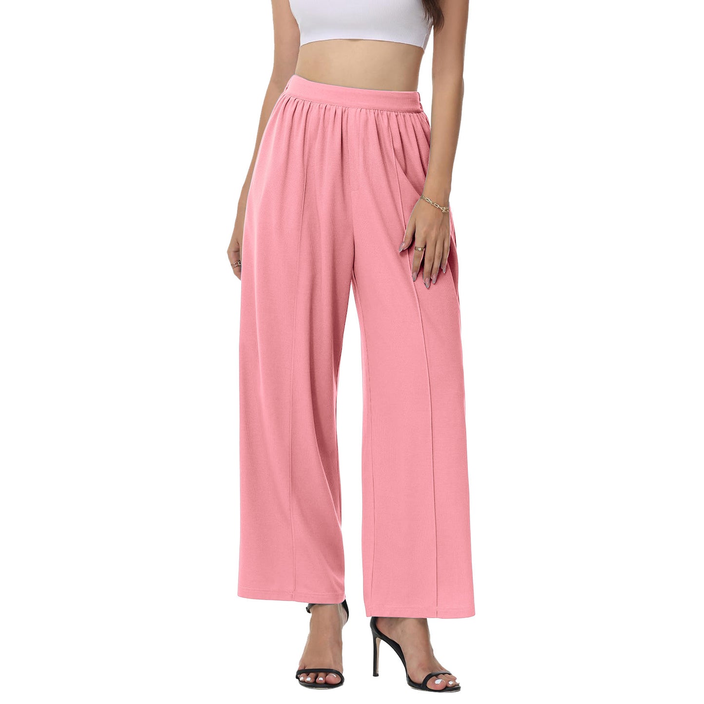 Women's Wide Leg Pants Waffle Knitted High Waist