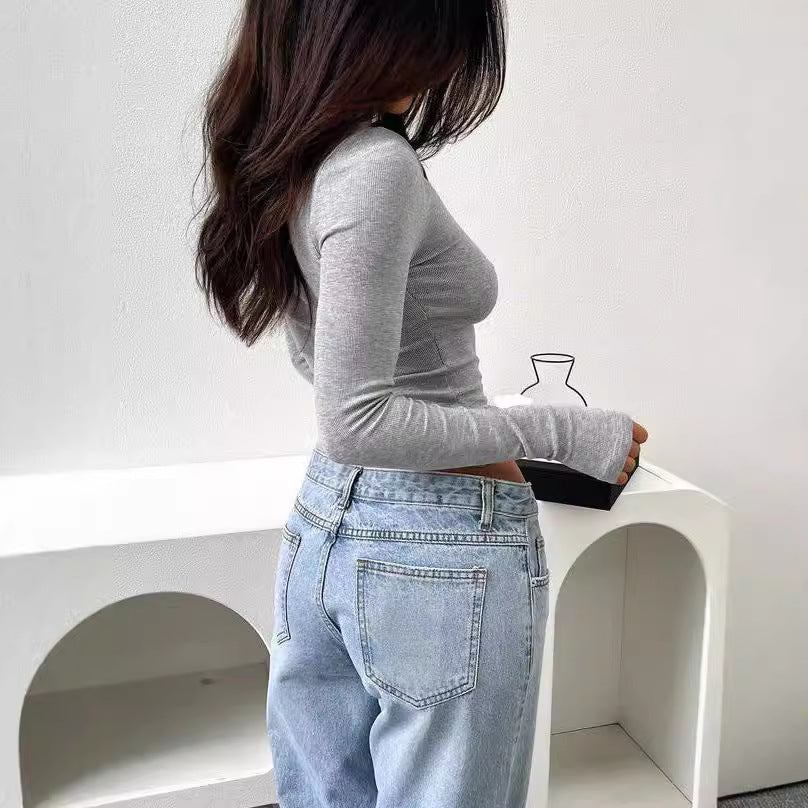 Women's Slim Fit Half-high Collar Long Sleeves Thumb Hole T-shirt