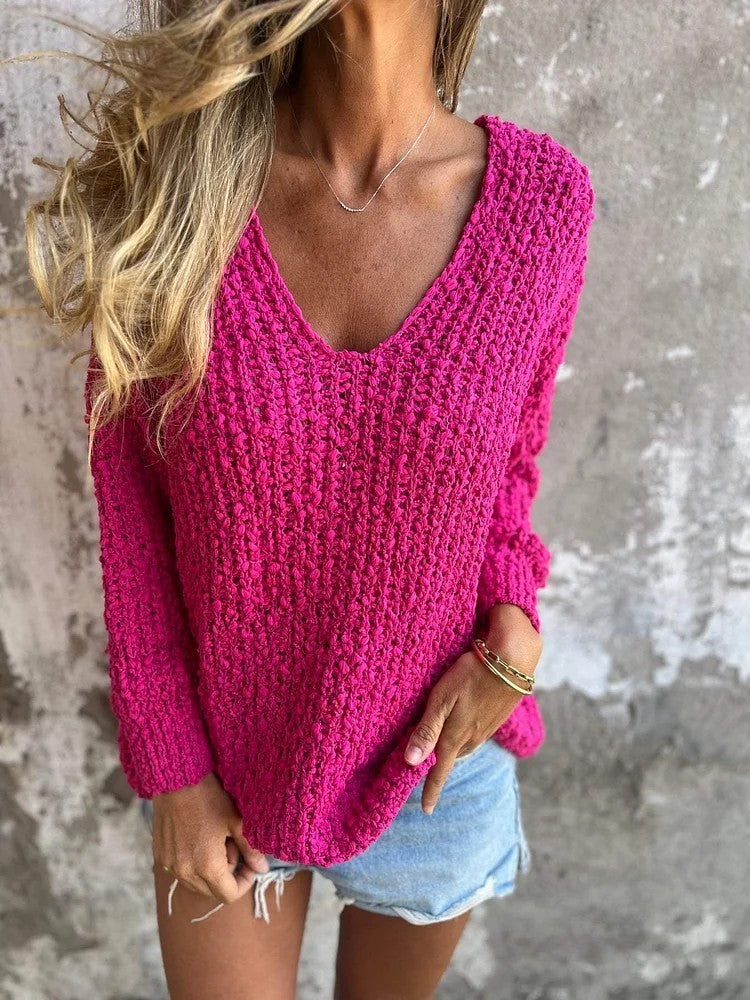 Autumn And Winter New Coarse Flower Knitted V-neck Laid-back Long Sleeve Sweater