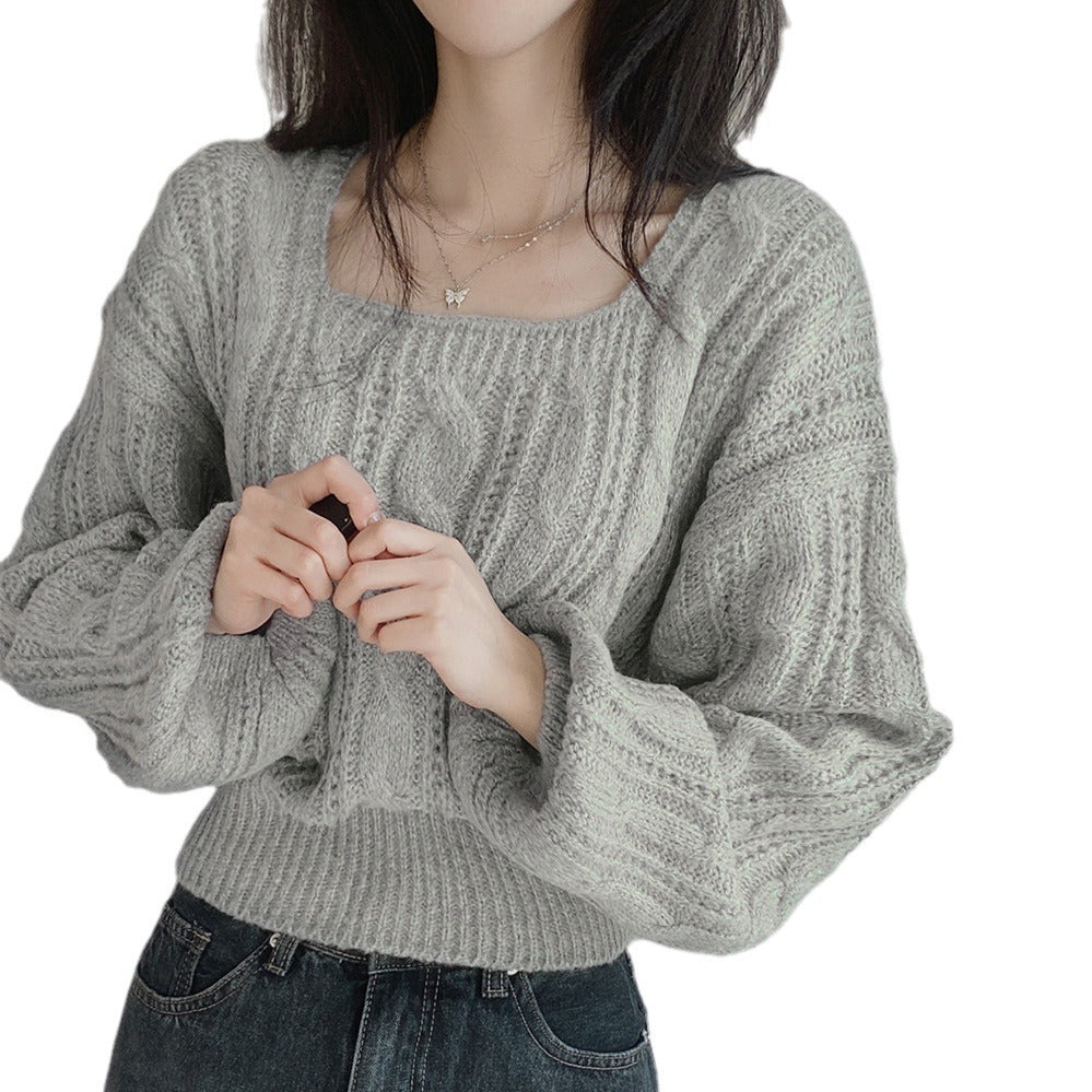 , Idle Style Solid Color Lantern Sleeve Square Collar Pullover Sweater