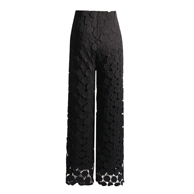 Fashionable Elegant Round Design Tassel Hollow-out Embroidered High Waist Wide-leg Pants