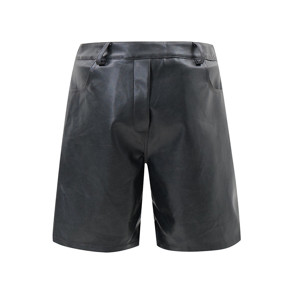 Men's Loose Cool Straight Pocket Inside-out Wear Design PU Leather Shorts