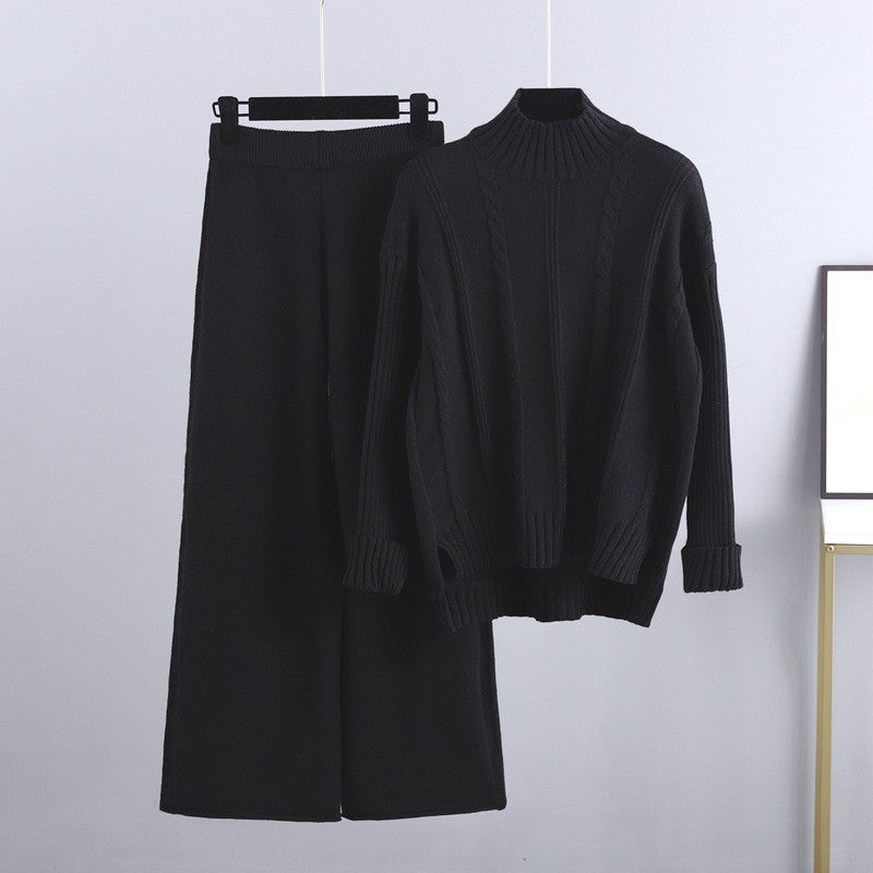 High-end Mock Neck Sweater Wide-leg Pants Suit Women