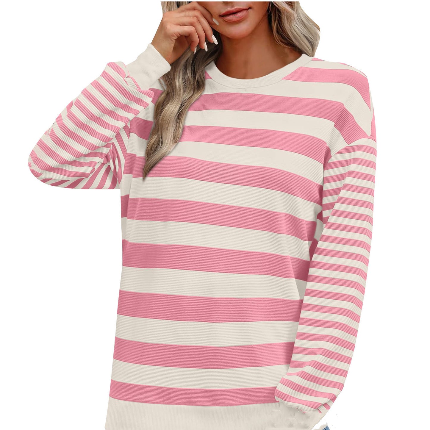 Striped Round Neck Contrast Color Loose Long Sleeve Sweatershirt Women
