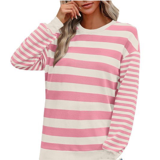 Striped Round Neck Contrast Color Loose Long Sleeve Sweatershirt Women