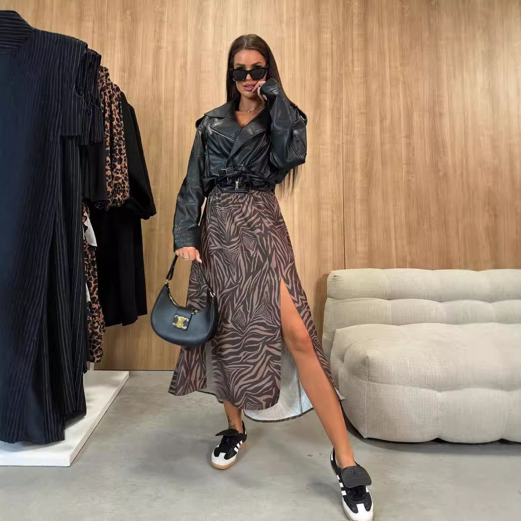 Fashion High Waist Slit Printed Skirt Women's Clothing
