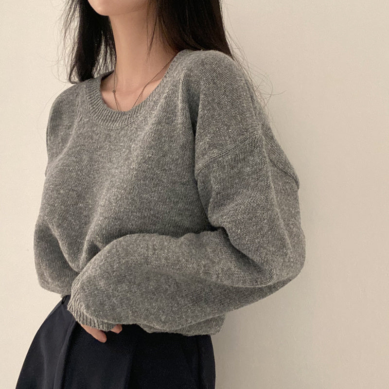 All-matching Crew Neck Pullover Sweater Solid Color Long-sleeved Knitted Top