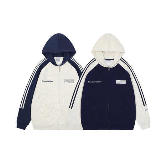 Patchwork Contrast Color Raglan Hooded Sweater Street Fashion American Retro Men