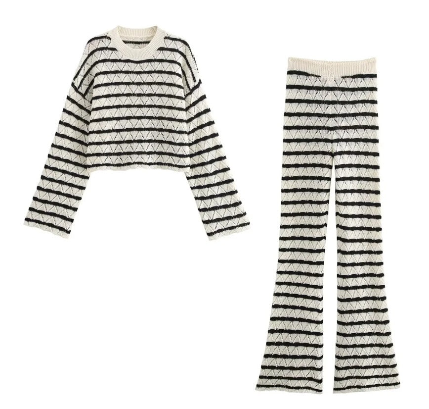 Women's Striped Knitted L Long Sleeve Bell-bottom Pants Suit