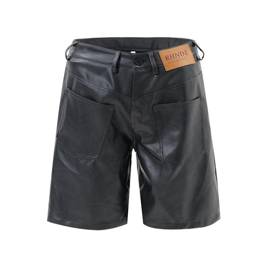Men's Loose Cool Straight Pocket Inside-out Wear Design PU Leather Shorts