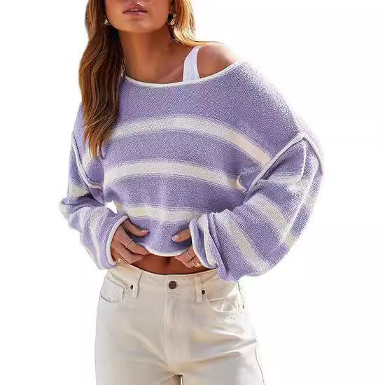 Pullover Knitting Off-the-shoulder Short Shipment Women's Striped