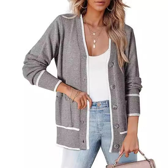 Women's Knitted Button Coat Color Matching Sweater