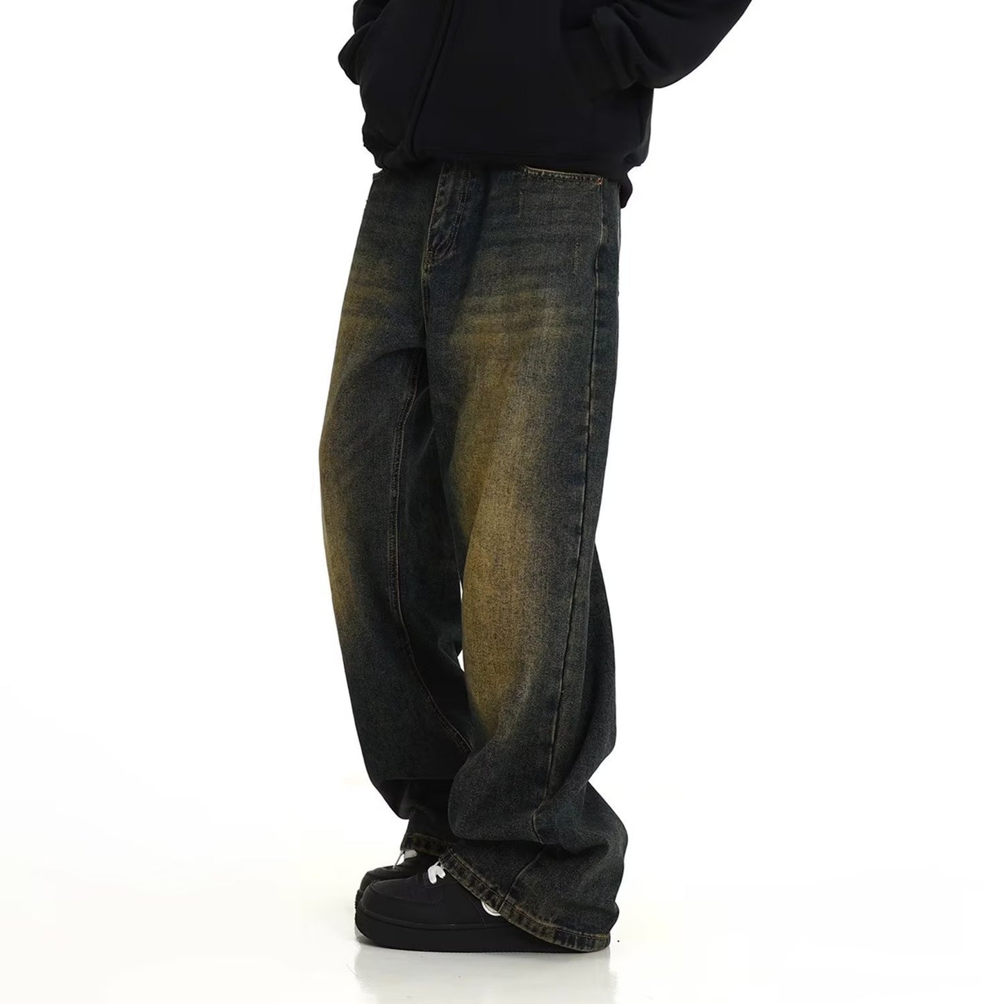 Men's Autumn American Fashion Brand Loose Yellow Mud Dyed Washed Vintage Jeans