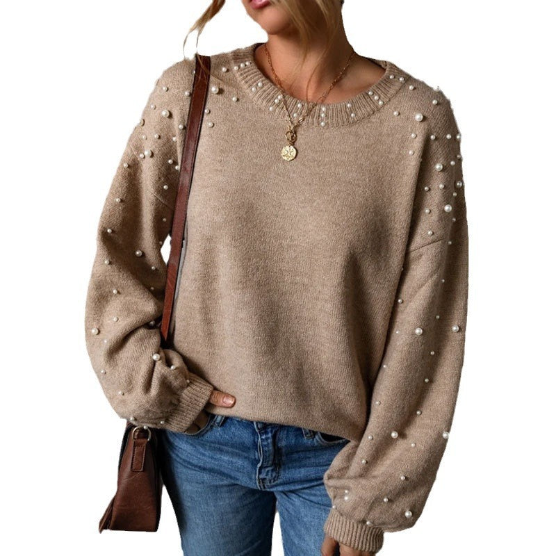 Women's Loose Beaded Round Neck Pullover Long Sleeve Sweater