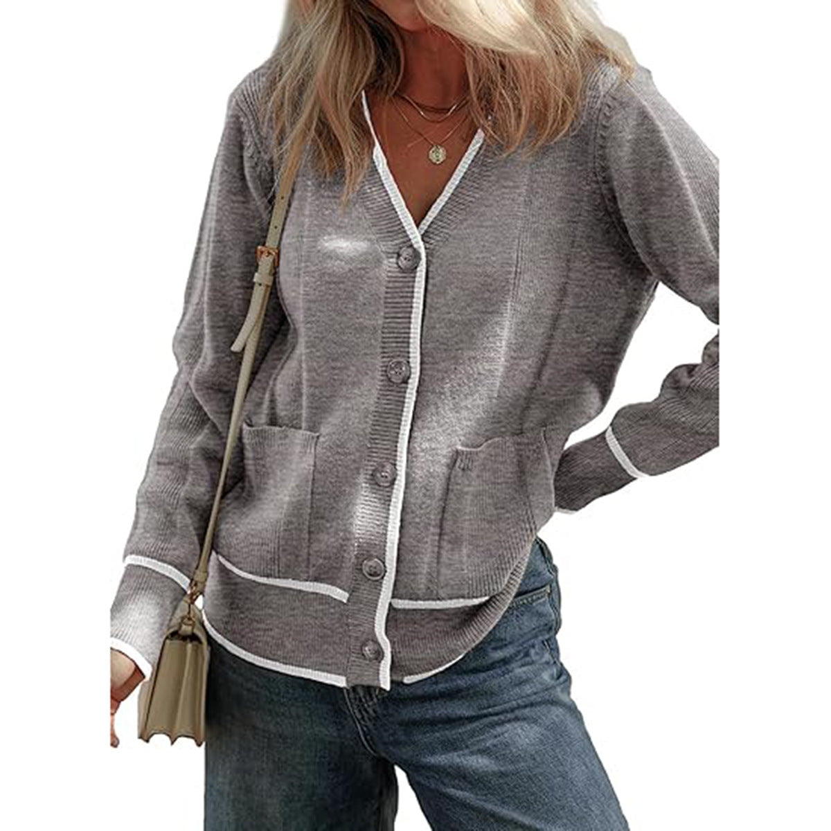 Women's Knitted Button Coat Color Matching Sweater