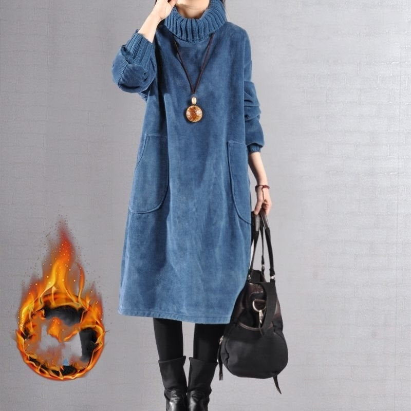 Pocket Turtleneck Corduroy Fleece-lined Thick Corduroy Dress
