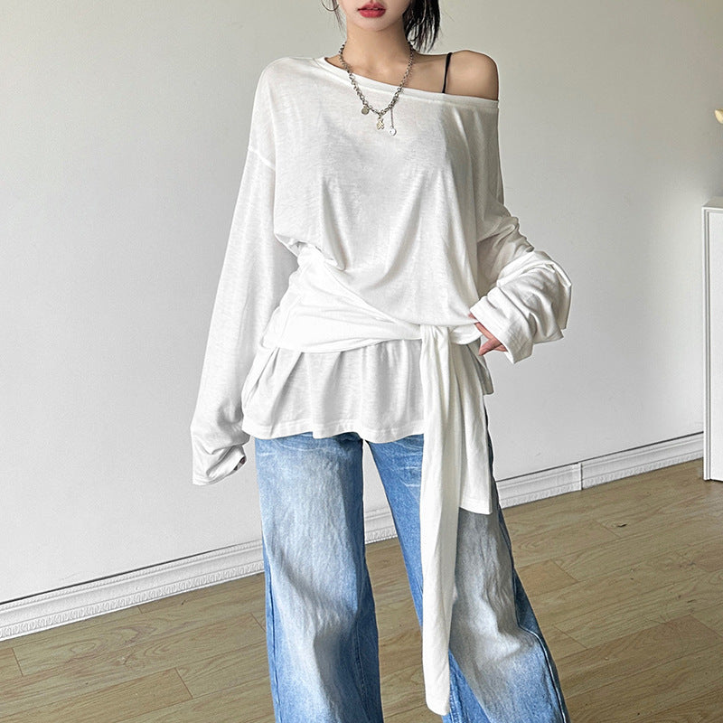 New Fall Women's Clothing Solid Color Loose Diagonal Collar Top