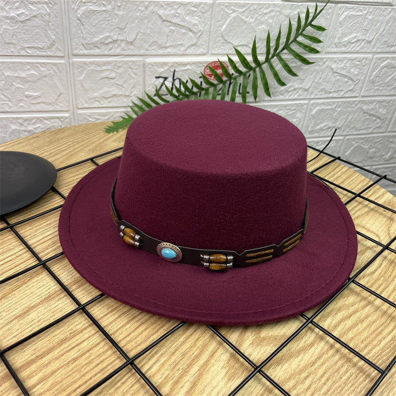 British Retro Woolen Wide Brim Flat Top Hat