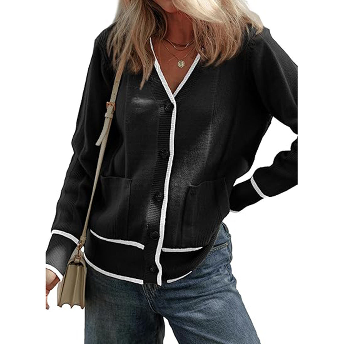 Women's Knitted Button Coat Color Matching Sweater