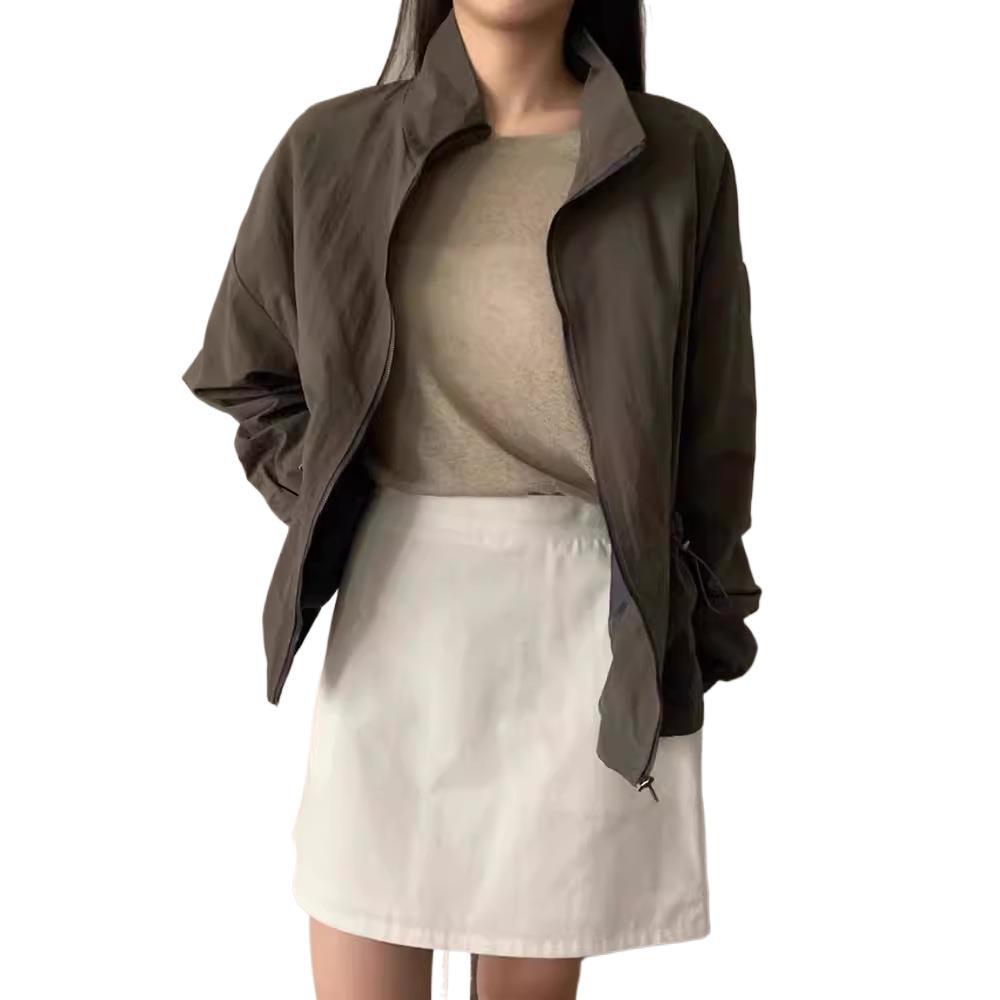 Leisure Cargo Style Drawstring Pocket Zipper Coat For Women