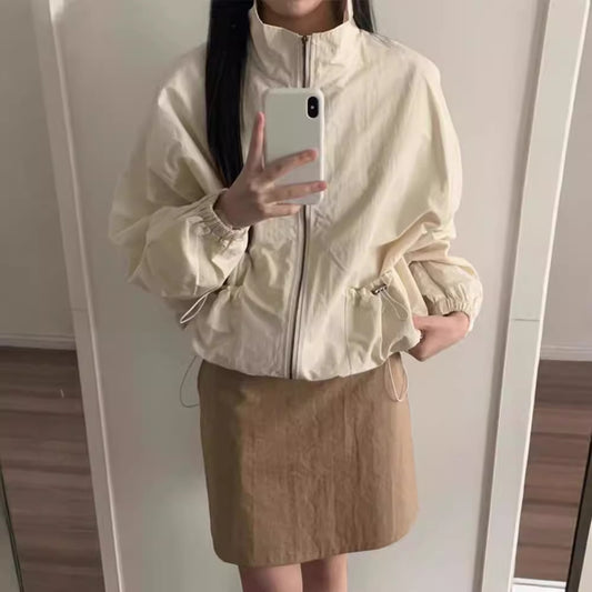 Leisure Cargo Style Drawstring Pocket Zipper Coat For Women