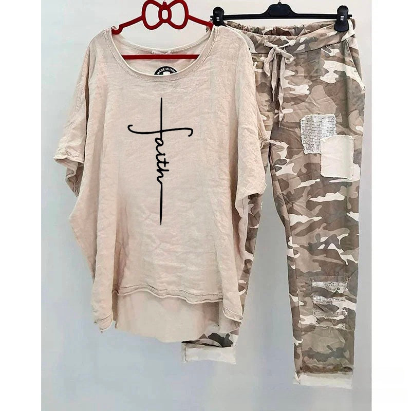Casual Suit Women's Cotton And Linen Heat Transfer Patch Top Camouflage Printing Sweatpants