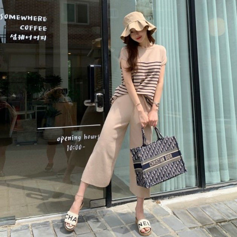 Women's Ice Silk Stripes Pullover Top Slimming Wide Leg Pants Knit Two-piece Suit