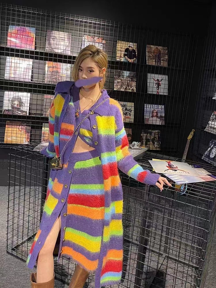 Fashion Slimming Candy Color Coat Retro Lazy Style Rainbow Striped Cardigan Sweater