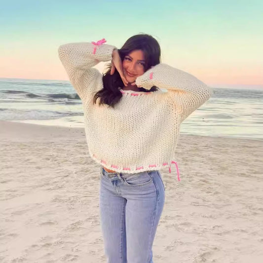 Women's Handmade Loose Sweater With Rope