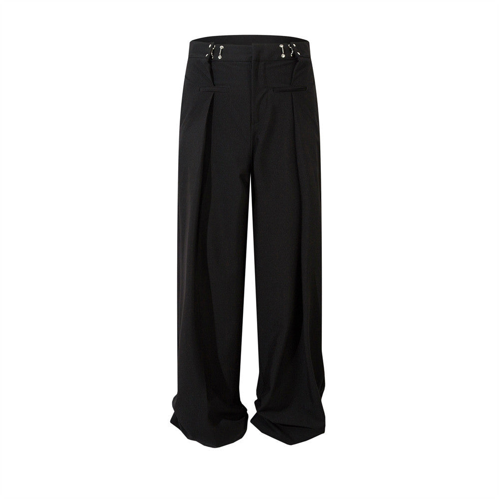 Men's American High Street Fashionable Metal Buckle Design Sense Wide-leg Draggle-tail Trousers