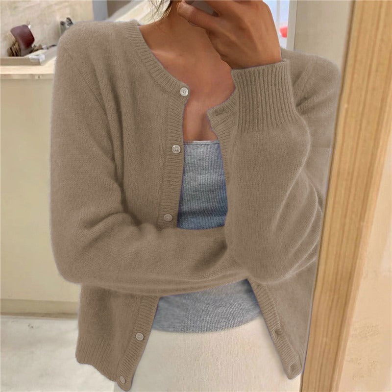 Women's Round Neck Solid Color Knitted Cardigan