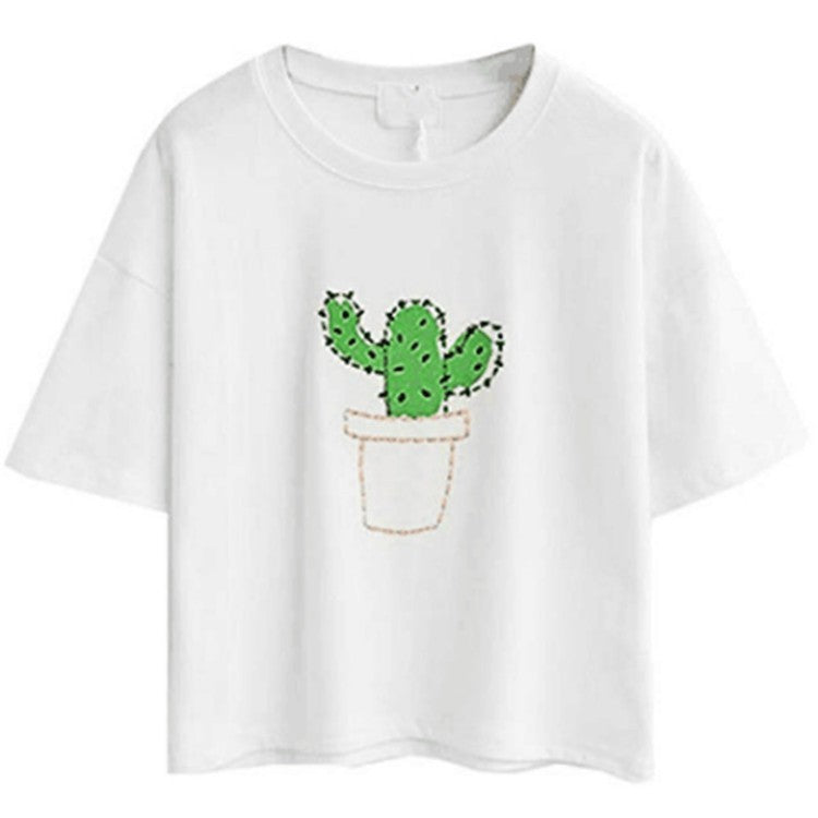 European And American Simple And Short Embroidered Short Sleeve Exposed Navel
