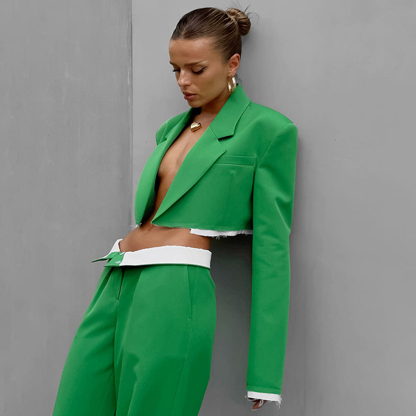 Buckle-free Crop-top Short Top Commuter Wide-leg Pants Suit